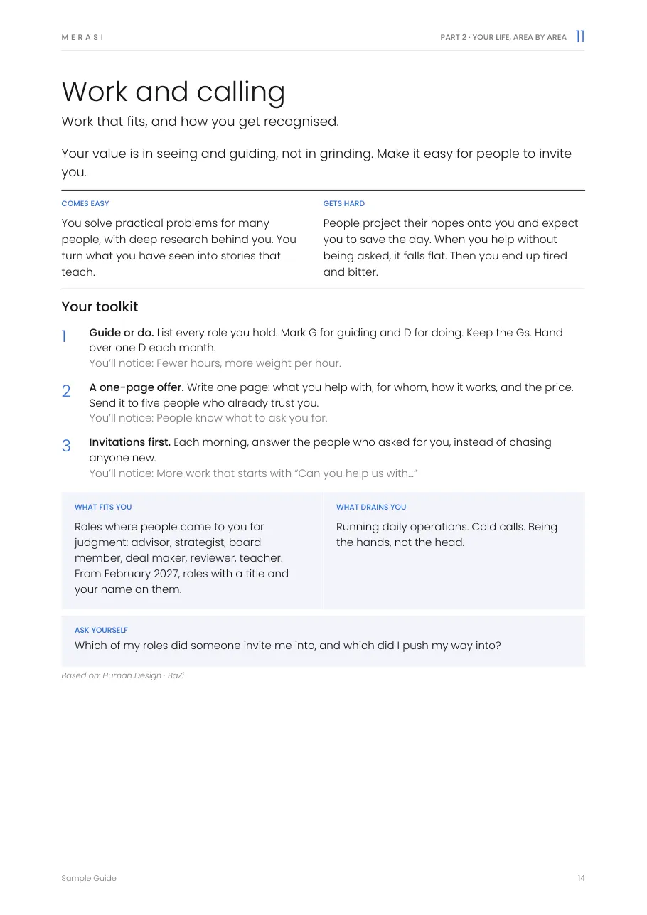 Sample page: Work and calling, with three tools and what fits you